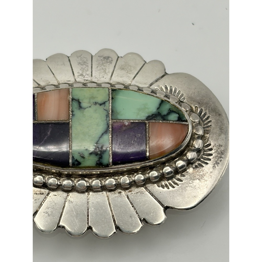 Multi-Stone Inlay Pin Brooch Navajo John Charley Sterling Silver Turquoise Coral - Picture 2 of 6